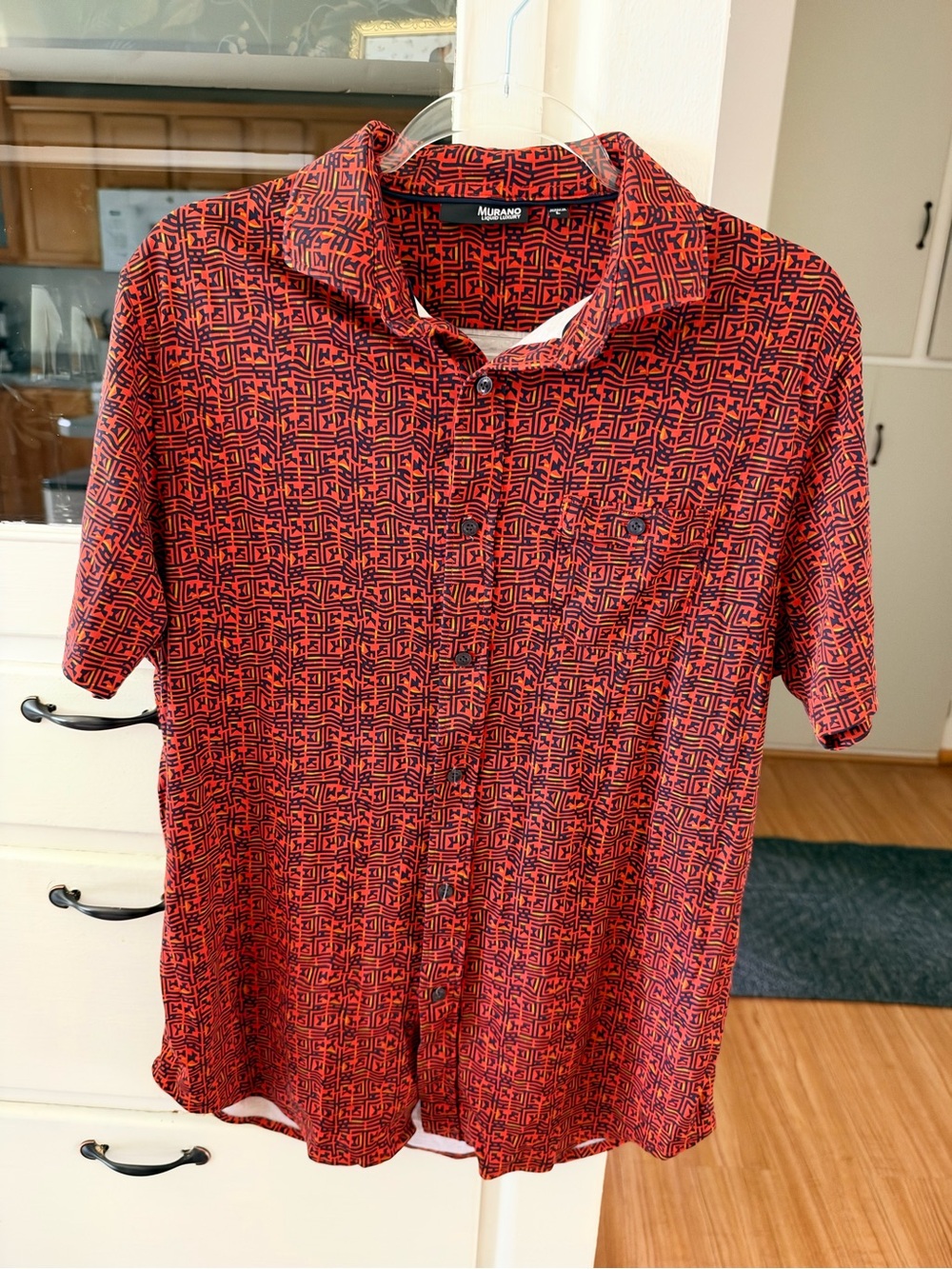 Murano Dark Orange and Black Geometric Short-Sleeve Button-Up Shirt